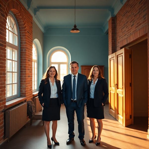 Trzech doradców Atelier Kraków w formalnych strojach w krakowskim wnętrzu