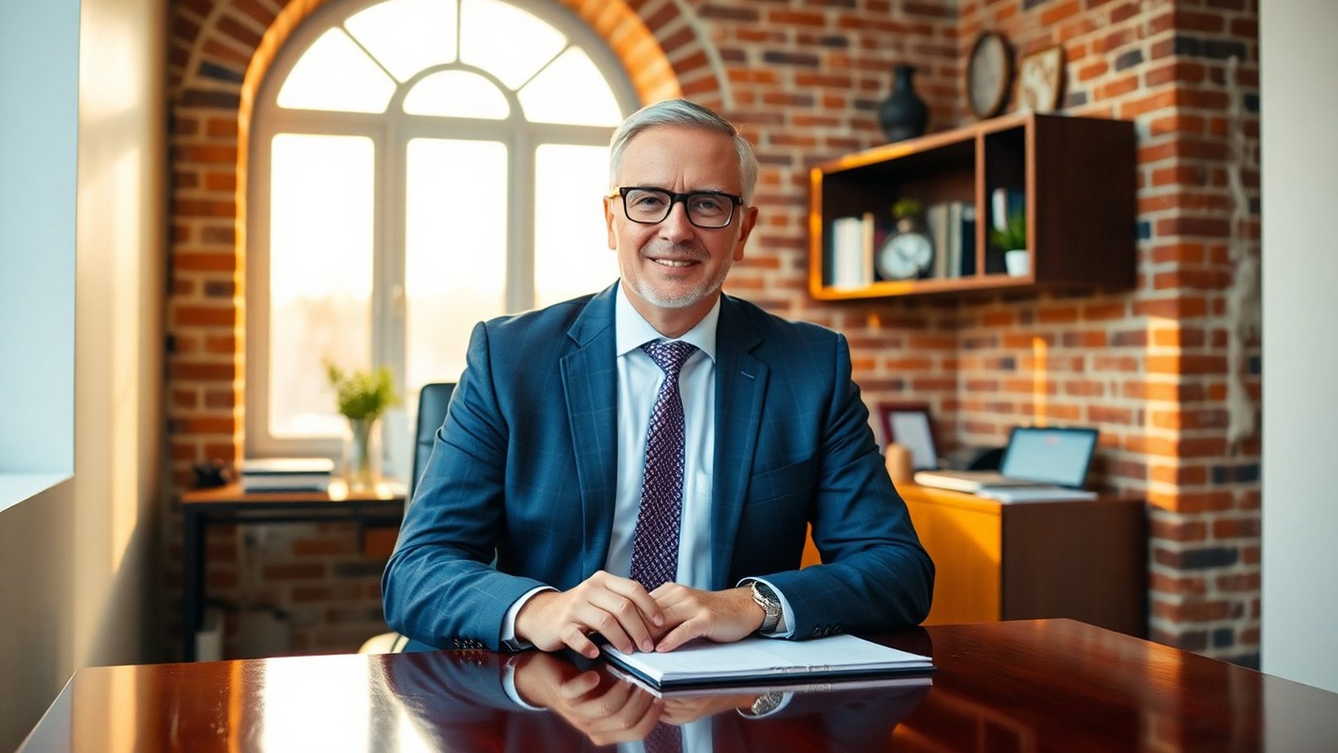 Doradca Atelier Kraków w krakowskim biurze przy mahoniowym biurku